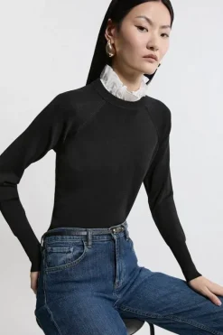 Karen Millen Premium Drape Knit Sweater With Removable Woven Frill Collar black Sale