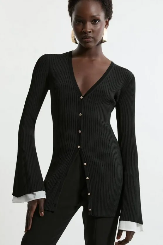Karen Millen Premium Drape Rib Knit Woven Cuff Tunic black Clearance