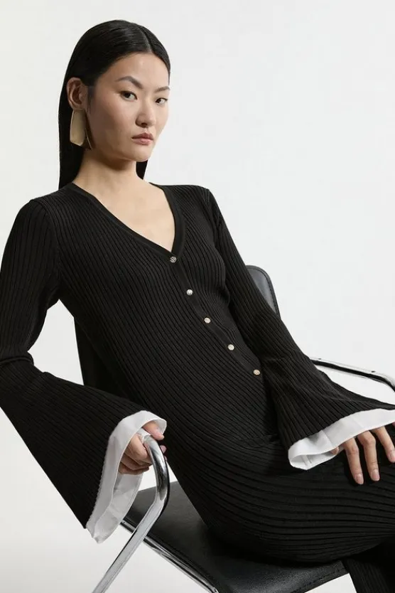 Karen Millen Premium Drape Rib Knit Woven Cuff Maxi Dress black New