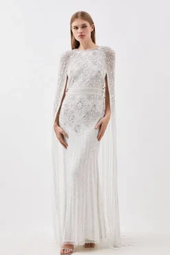 Karen Millen Premium Embellished Caped Woven Maxi Dress silver Best