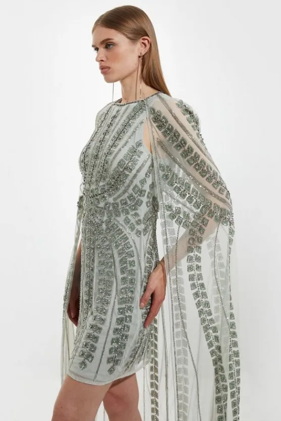 Karen Millen Premium Embellished Cape Mini Dress sage Online