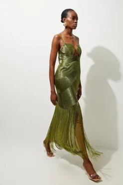 Karen Millen Premium Embellished Draped Beaded Strappy Midi khaki Clearance
