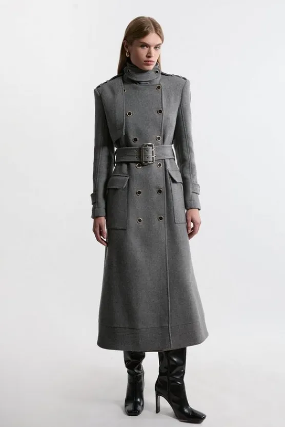 Karen Millen Premium Italian Manteco Wool Blend Belted Funnel Neck Tailored Maxi Coat grey Sale