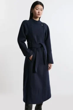Karen Millen Premium Italian Manteco Wool Collarless Belted Tailored Maxi Coat navy Clearance