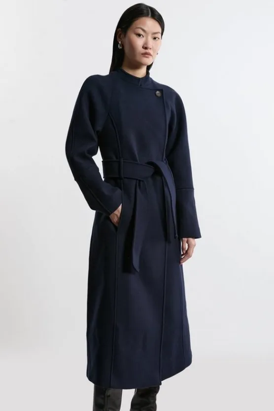 Karen Millen Premium Italian Manteco Wool Collarless Belted Tailored Maxi Coat navy Clearance