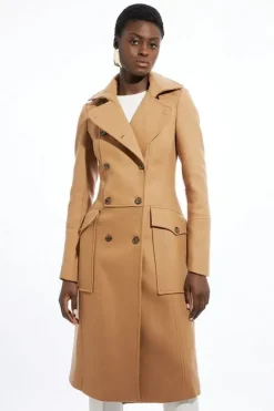 Karen Millen Premium Italian Manteco Wool Military Midi Coat camel Fashion