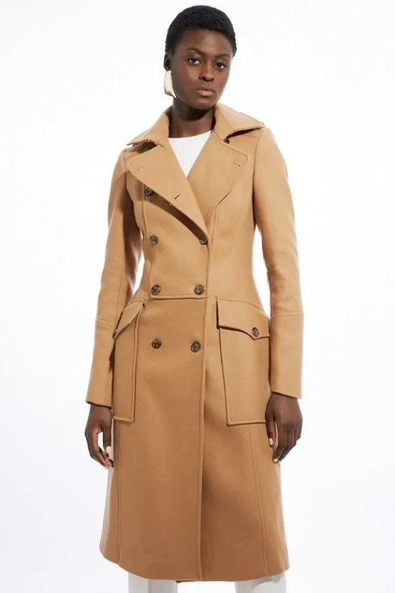 Karen Millen Premium Italian Manteco Wool Military Midi Coat camel Fashion