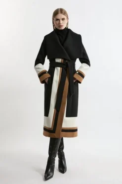 Karen Millen Premium Italian Manteco Wool Color Block Border Detail Tailored Wrap Midi Coat mono Discount