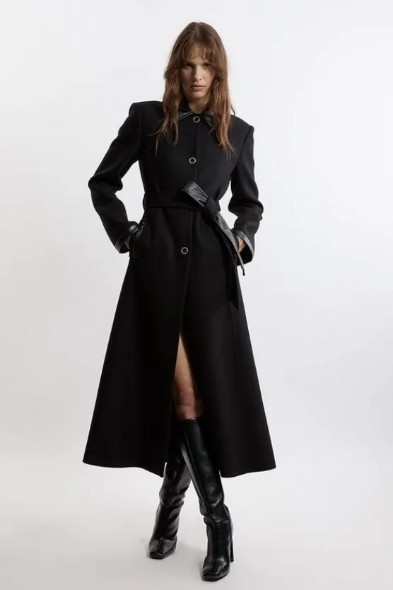 Karen Millen Premium Italian Manteco Wool Pu Trim Belted Tailored Maxi Coat black Sale