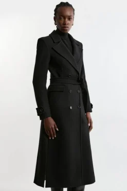 Karen Millen Premium Italian Manteco Wool Double Breasted Belted Tailored Midaxi Coat black Fashion
