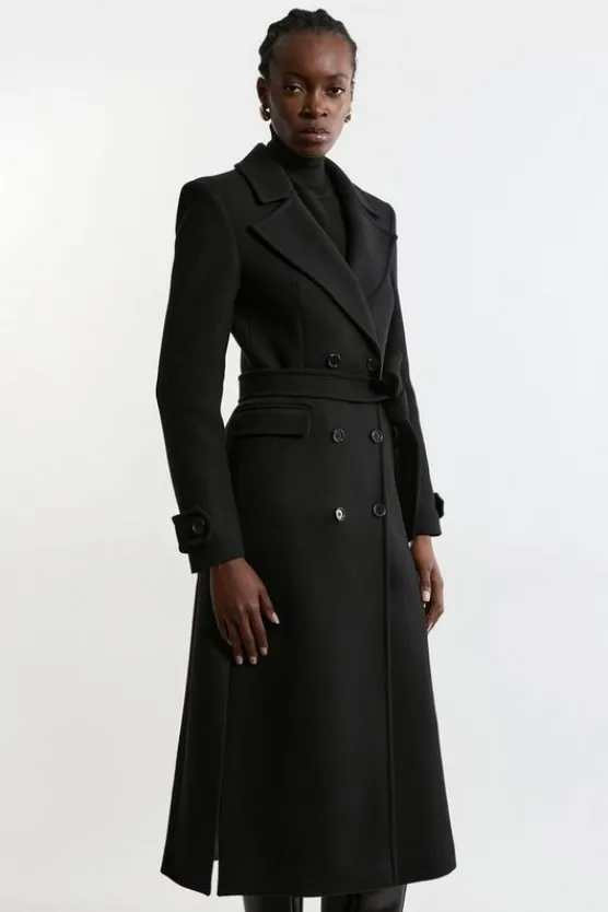 Karen Millen Premium Italian Manteco Wool Double Breasted Belted Tailored Midaxi Coat black Fashion