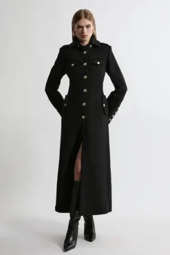 Karen Millen Premium Italian Manteco Wool Military Tailored Maxi Coat black Outlet