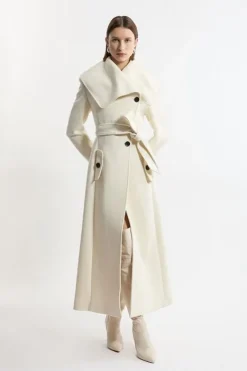 Karen Millen Premium Italian Manteco Wool Oversize Collar Full Skirted Belted Tailored Midaxi Coat ivory Sale
