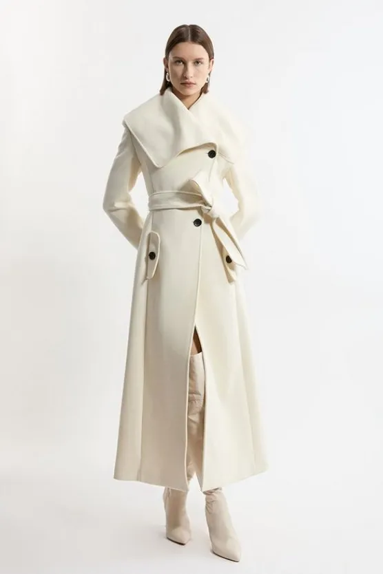 Karen Millen Premium Italian Manteco Wool Oversize Collar Full Skirted Belted Tailored Midaxi Coat ivory Sale