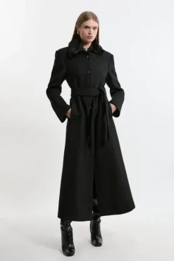 Karen Millen Premium Italian Manteco Wool Detachable Faux Fur Collar Belted Tailored Maxi Coat black Sale