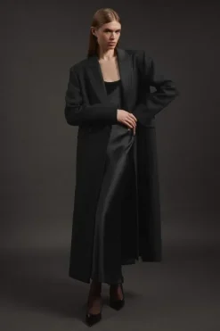 Karen Millen Premium Italian Manteco Wool Satin Collar Double Breasted Tailored Maxi Coat black Best