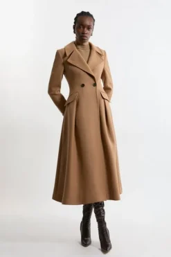 Karen Millen Premium Italian Manteco Wool Tailored Flared Skirt Midaxi Coat camel Outlet