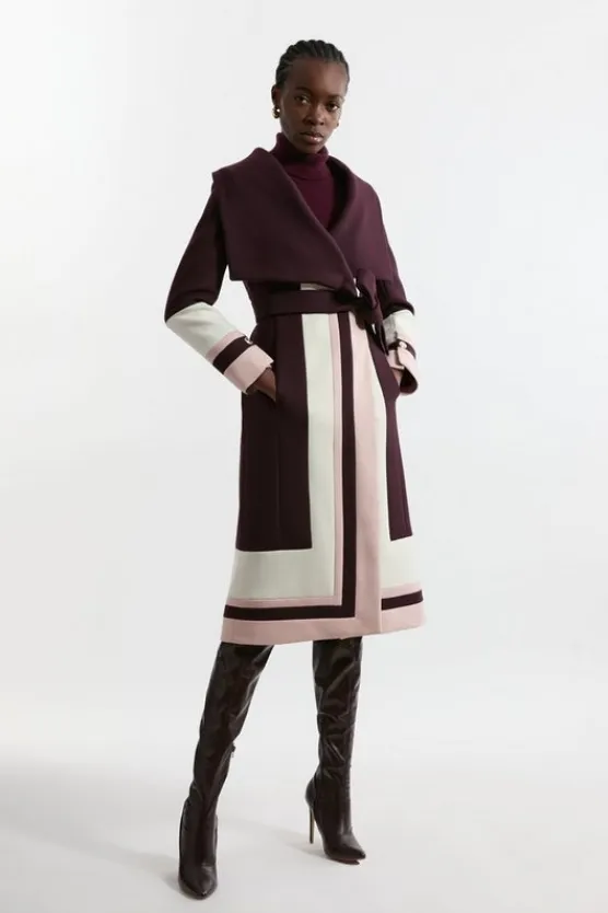 Karen Millen Premium Italian Manteco Wool Color Block Border Detail Tailored Wrap Midi Coat wine Outlet