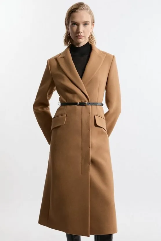 Karen Millen Premium Italian Manteco Wool Single Breasted Belted Tailored Maxi Coat camel Hot