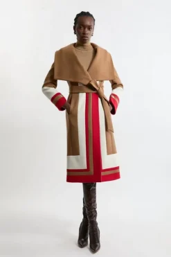 Karen Millen Premium Italian Manteco Wool Color Block Border Detail Tailored Wrap Midi Coat camel Fashion