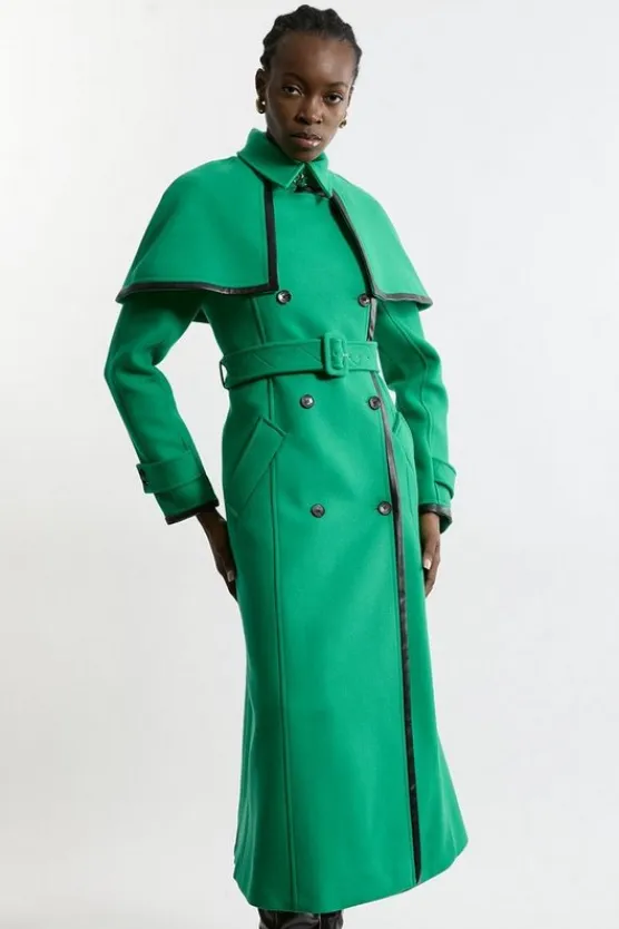 Karen Millen Premium Italian Manteco Wool Pu Tipped Storm Flap Cape Full Skirted Tailored Midaxi Coat emerald Discount