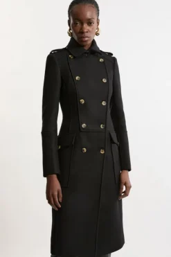 Karen Millen Premium Italian Manteco Wool Military Tailored Midi Coat black New