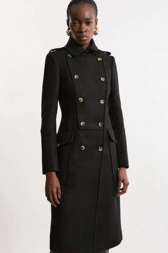 Karen Millen Premium Italian Manteco Wool Military Tailored Midi Coat black New