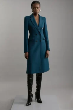 Karen Millen Premium Italian Manteco Wool Fitted Tailored Midi Coat teal Sale
