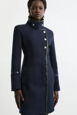 Karen Millen Premium Italian Manteco Wool Military Funnel Neck Tailored Short Coat navy Discount