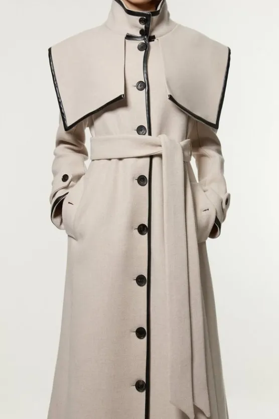 Karen Millen Premium Italian Wool Storm Flap Belted Tailored Midaxi Coat oatmeal Fashion