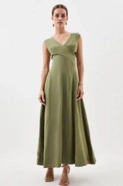 Karen Millen Premium Linen Petite Open Back V Neck Woven Midi Dress khaki Hot