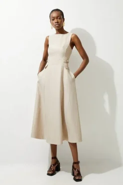 Karen Millen Premium Linen Tab Waist Detail Full Skirt Tailored Midi Dress natural Online