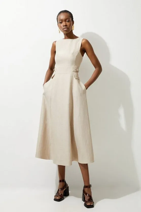 Karen Millen Premium Linen Tab Waist Detail Full Skirt Tailored Midi Dress natural Online