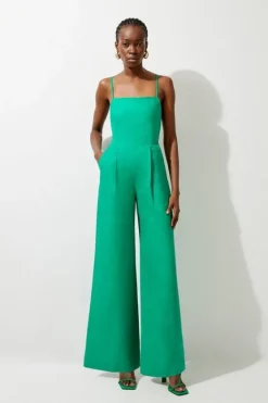 Karen Millen Premium Linen Tailored Halterneck Corset Back Wide Leg Jumpsuit green Outlet