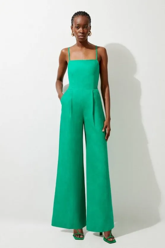 Karen Millen Premium Linen Tailored Halterneck Corset Back Wide Leg Jumpsuit green Outlet