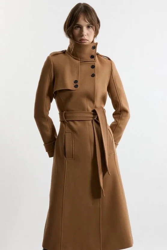 Karen Millen Premium ltalian Manteco Wool Belted Funnel Neck Tailored Midaxi Coat camel Hot
