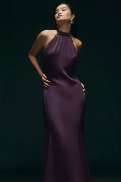 Karen Millen Premium Satin Halter Neck Tailored Maxi Dress plum Best