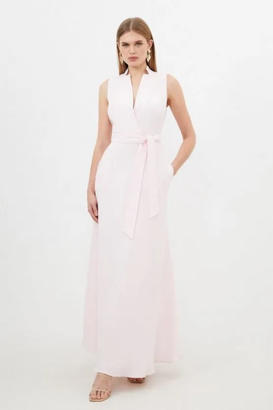 Karen Millen Premium Tailored Linen Notch Neck Belted Midaxi Dress blush New