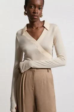 Karen Millen Premium Tencel Jersey Collared Long Sleeve Top ecru Outlet