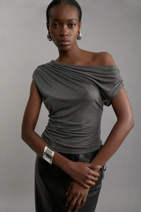 Karen Millen Premium Tencel Jersey Drape Detail One Shoulder Top charcoal Fashion