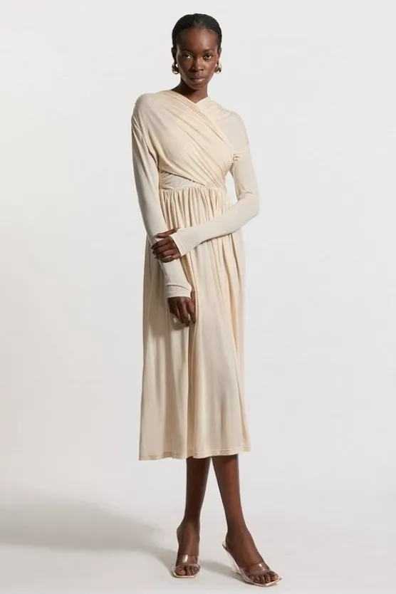 Karen Millen Premium Tencel Jersey Wrap Detail Midaxi Dress ecru Hot