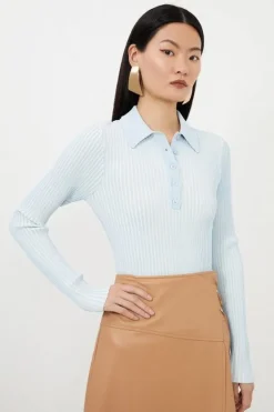 Karen Millen Premium Viscose Blend Plaited Knit Polo Top paleblue Online