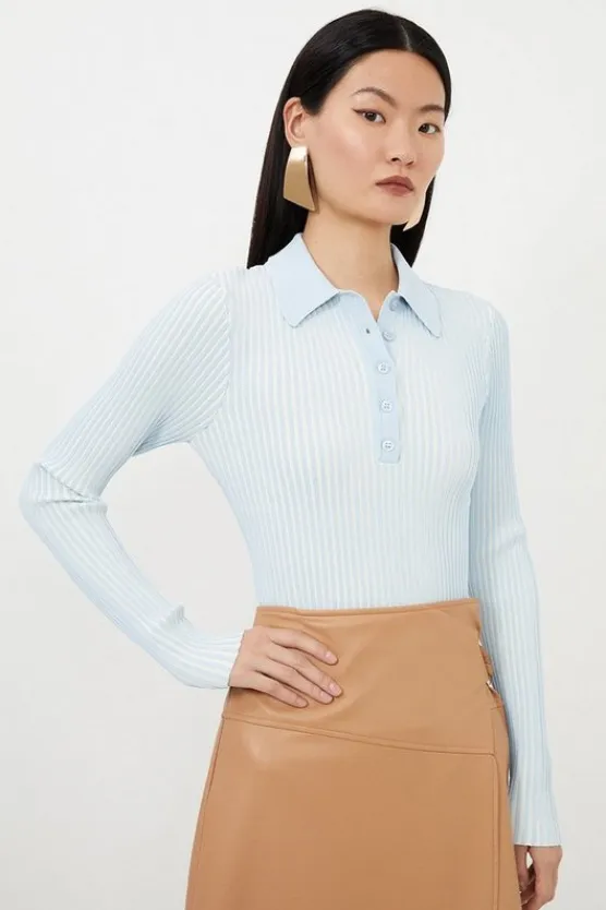 Karen Millen Premium Viscose Blend Plaited Knit Polo Top paleblue Online