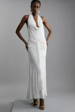 Karen Millen Premium Viscose Jersey Crepe Cowl Neck Maxi Dress ivory Outlet