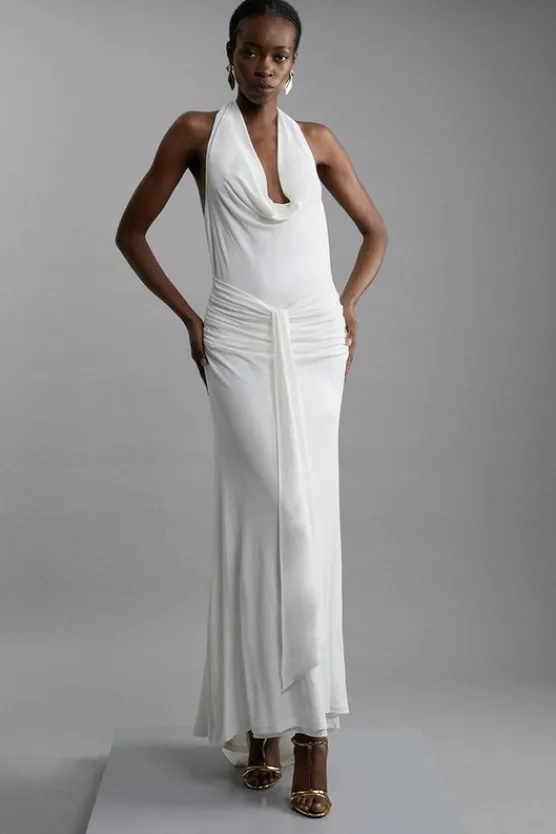Karen Millen Premium Viscose Jersey Crepe Cowl Neck Maxi Dress ivory Outlet