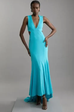 Karen Millen Premium Viscose Jersey Cross Back Maxi Dress aqua Outlet