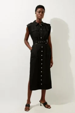 Karen Millen Premium Viscose Linen Woven Shirt Midi Dress black Discount