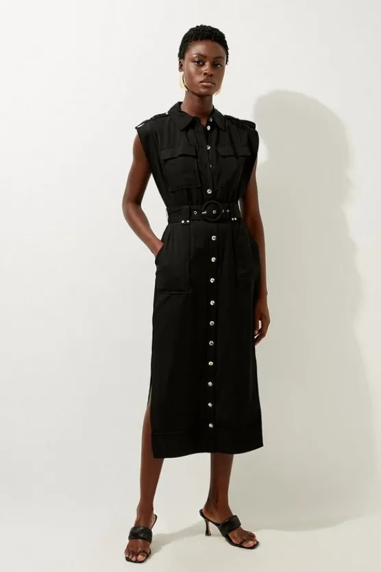 Karen Millen Premium Viscose Linen Woven Shirt Midi Dress black Discount