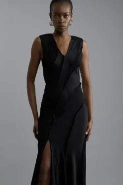 Karen Millen Premium Viscose Satin Panelled Strong Shoulder Woven Maxi Dress black Hot