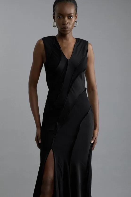 Karen Millen Premium Viscose Satin Panelled Strong Shoulder Woven Maxi Dress black Hot